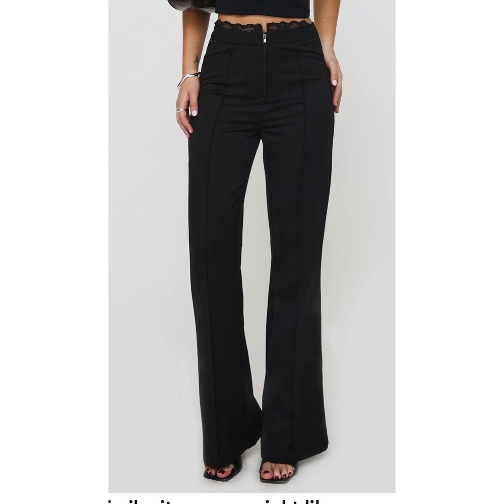 Princess Polly Black Lace Trim High Waisted Flare Pants Front Zip US 2